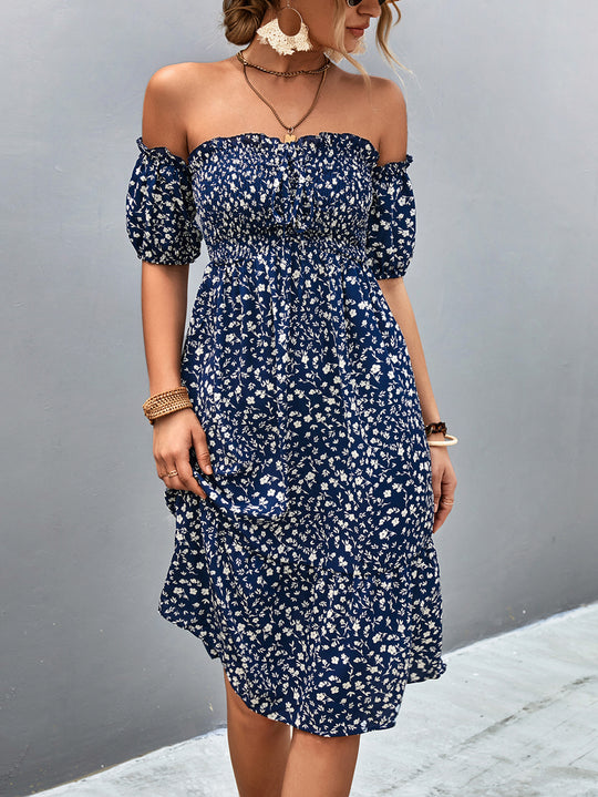 Damen Off-Shoulder Freizeitkleid mit eleganten Puffärmeln und floralen Mustern EB