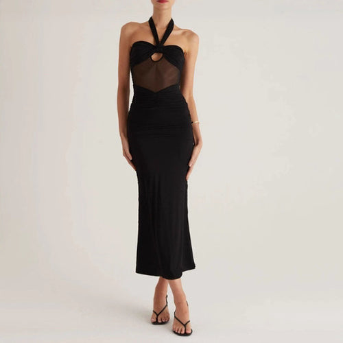 Damen Elegantes geschnittenes Maxikleid mit raffiniertem Halterdesign und transparentem Ausschnitt EB