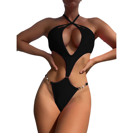 Damen Einteiler Badeanzug mit tiefem V-Ausschnitt und trendigem Cut-Out-Design EB