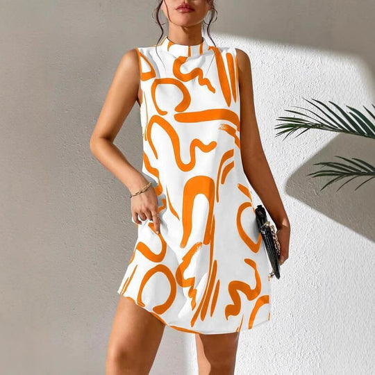 Damen A-linien Minikleid mit modernem grafischem Muster und Stehkragen EB