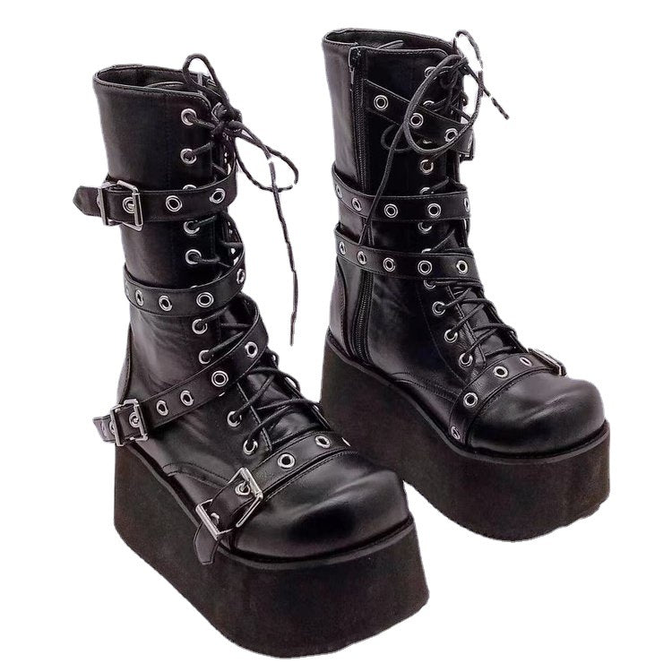 Damen Plateau-Stiefel mit robusten Schnallen und hochwertiger Leder-Oberfläche EB