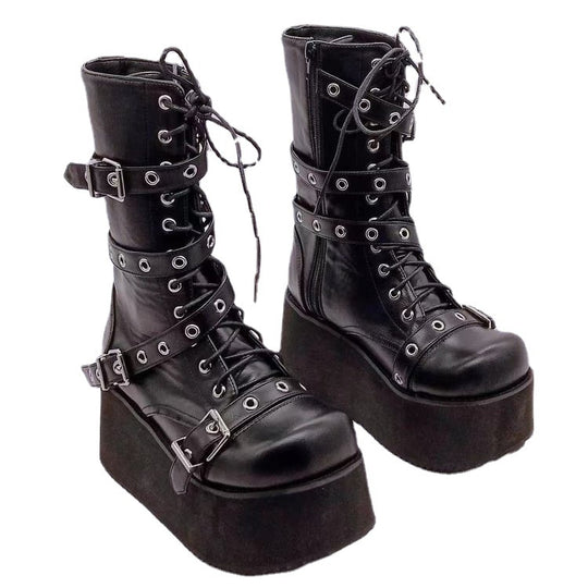 Damen Plateau-Stiefel mit robusten Schnallen und hochwertiger Leder-Oberfläche EB