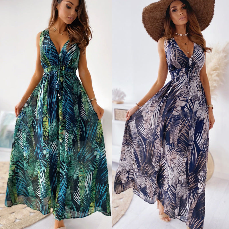 Damen Maxikleid mit floralem Druck und tiefer V-Ausschnitt EB