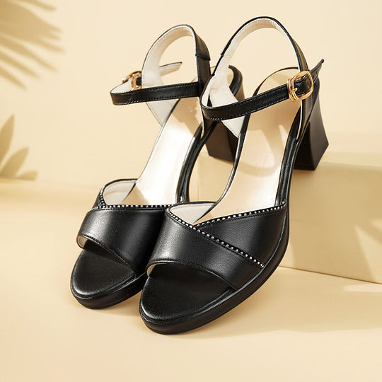 Damen elegante Sandaletten mit funkelndem Strass und bequemem Blockabsatz EB