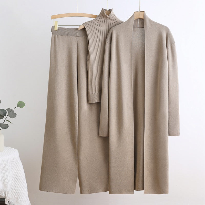 Damen gemütliches Strick-Loungewear-Set mit langem Cardigan und Rippenshirts EB