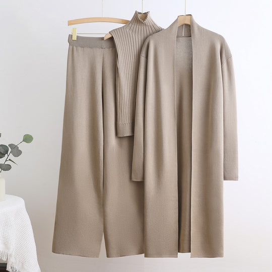 Damen gemütliches Strick-Loungewear-Set mit langem Cardigan und Rippenshirts EB