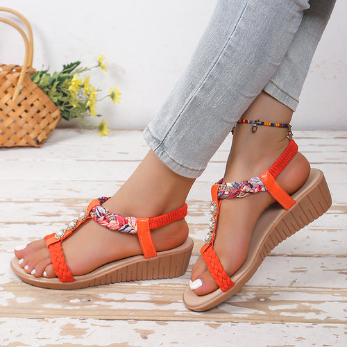 Damen Wedge-Sandalen mit trendy Riemchen und elegantem Schmuckdetail EB