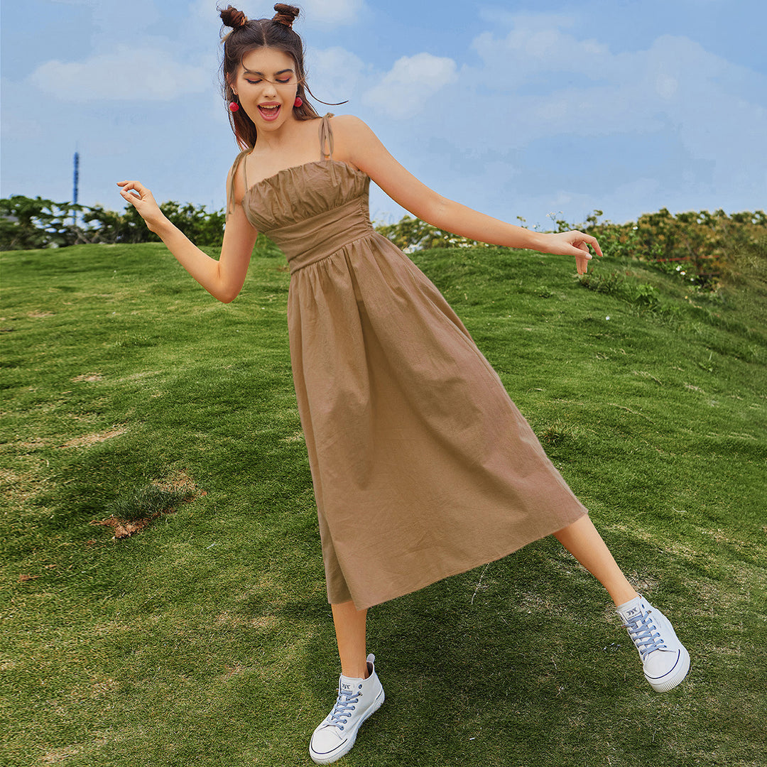 Damen Midi-Kleid mit elastischem Taillenbund und verstellbaren Spaghettiträgern EB