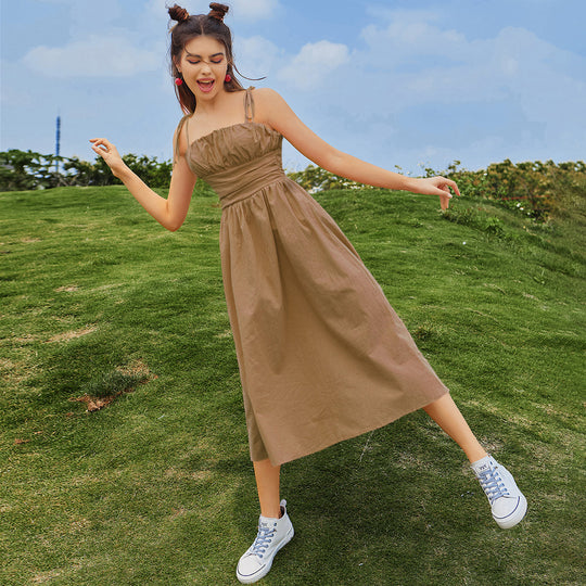 Damen Midi-Kleid mit elastischem Taillenbund und verstellbaren Spaghettiträgern EB