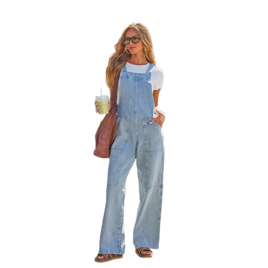 Damen Lässige Overall aus Denim mit weit geschnittenem Bein und praktischen Taschen EB