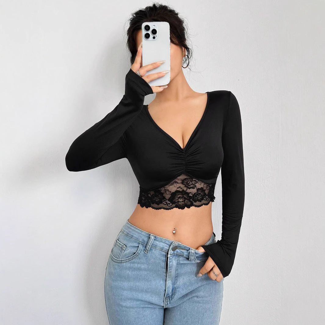 Damen nan tailliertes Langarm-Crop-Top mit tiefem V-Ausschnitt, Raffung und Spitzensaum EB
