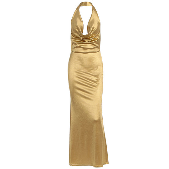 Damen Elegantes Maxikleid mit tiefem V-Ausschnitt und fließendem Fall EB