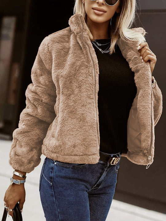 EB | Weiche Damen Teddy Bomberjacke mit Reißverschluss