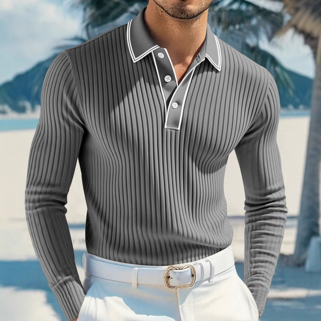 Herren nan schmal geschnittenes Rippstrick-Poloshirt mit Langarm, Kontrastpaspel und feiner Struktur EB