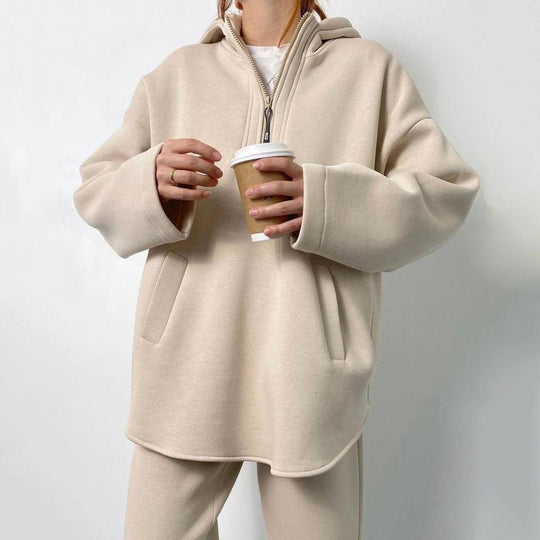 Damen Oversized Fleece-Set mit Stehkragen und seitlichen Taschen EB