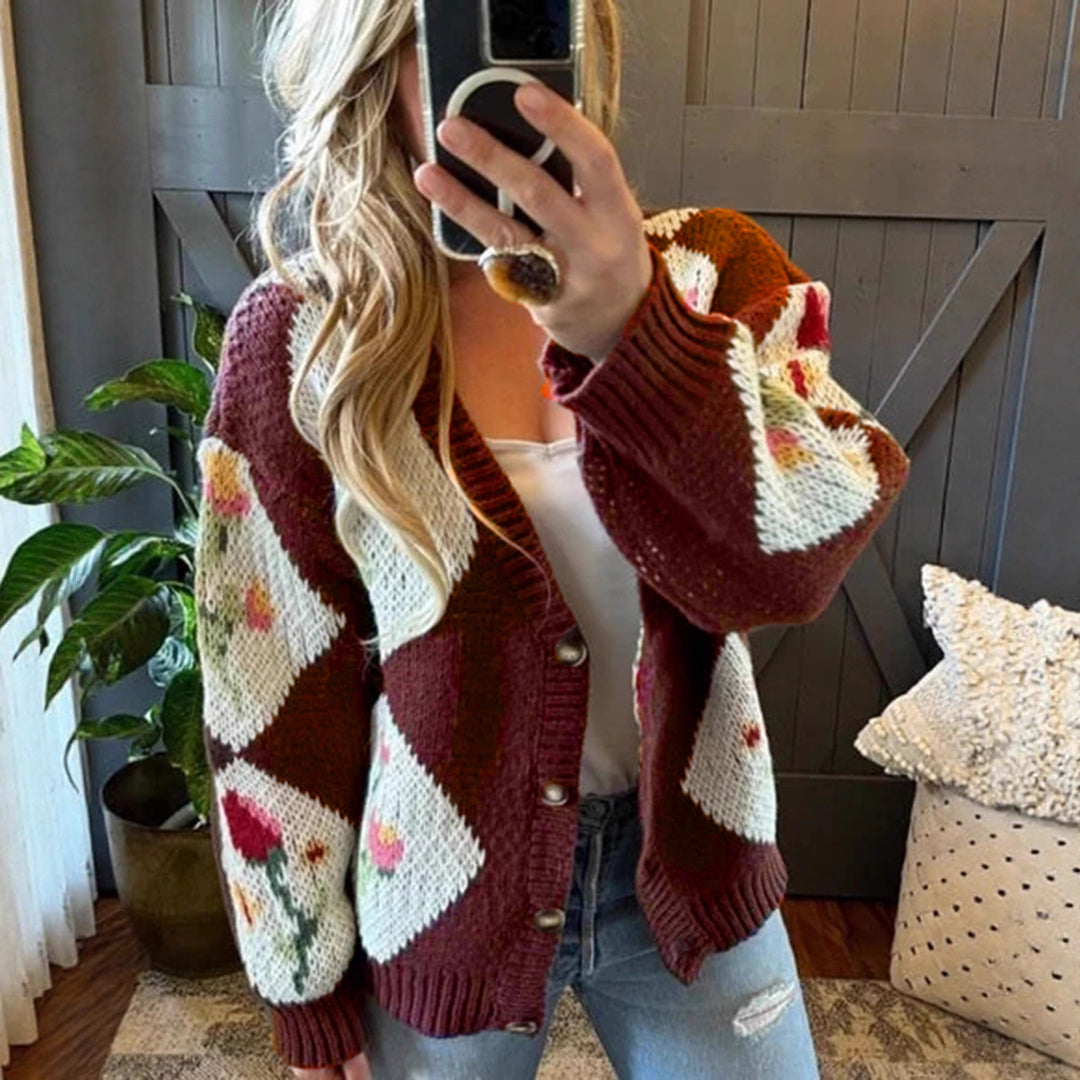 Damen Strickjacke mit floralem Muster und dekorativem Knopfdesign EB