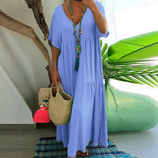 Damen luftiges Boho-Maxikleid mit schwingendem Saum und tiefem V-Ausschnitt EB