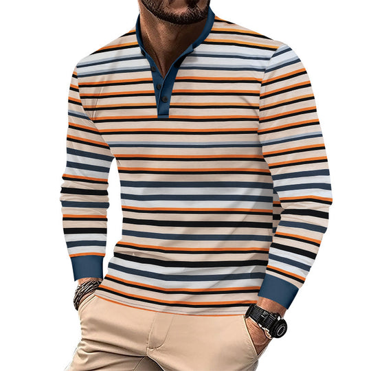 Herren nan gestreiftes Langarm-Henleyshirt mit Stehkragen, schmaler Passform und elastischem Baumwollmix EB