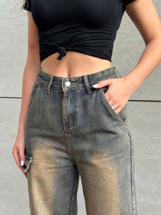 Damen modische Cargo-Jeans mit praktischen Seitentaschen und lässigem Schnitt EB