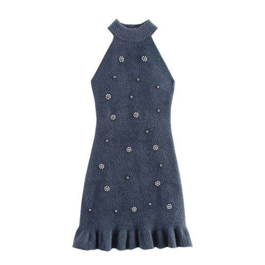 Damen elegantes Kleid mit Stehkragen und dekorativen Strass-Details EB