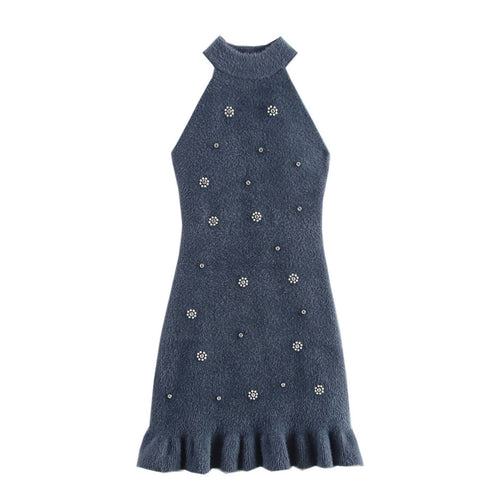 Damen elegantes Kleid mit Stehkragen und dekorativen Strass-Details EB