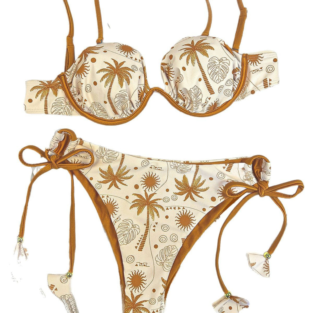 Damen Triangel-Bikini mit dekorativen Palmendruck und verstellbaren Bindebändern EB