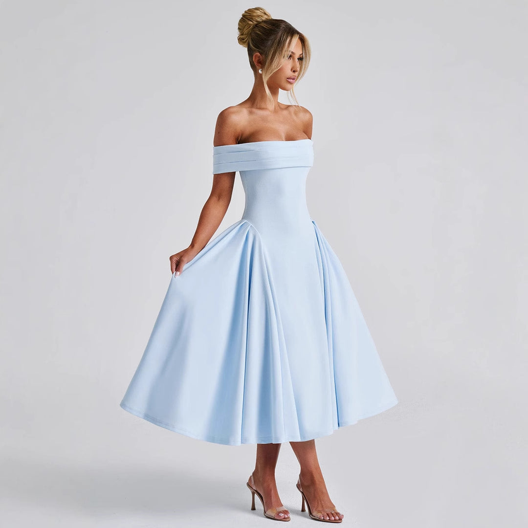 Damen Off-Shoulder Cocktailkleid mit voluminösem Rock und elegantem Trägerdesign EB