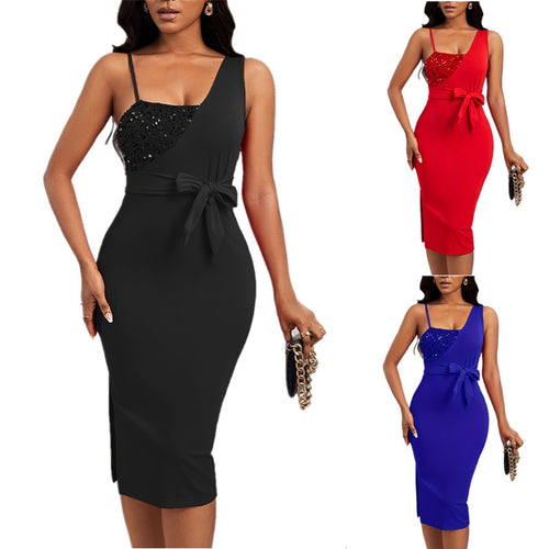 Damen elegantes Wickelkleid mit Strassapplikationen und Taillengürtel EB