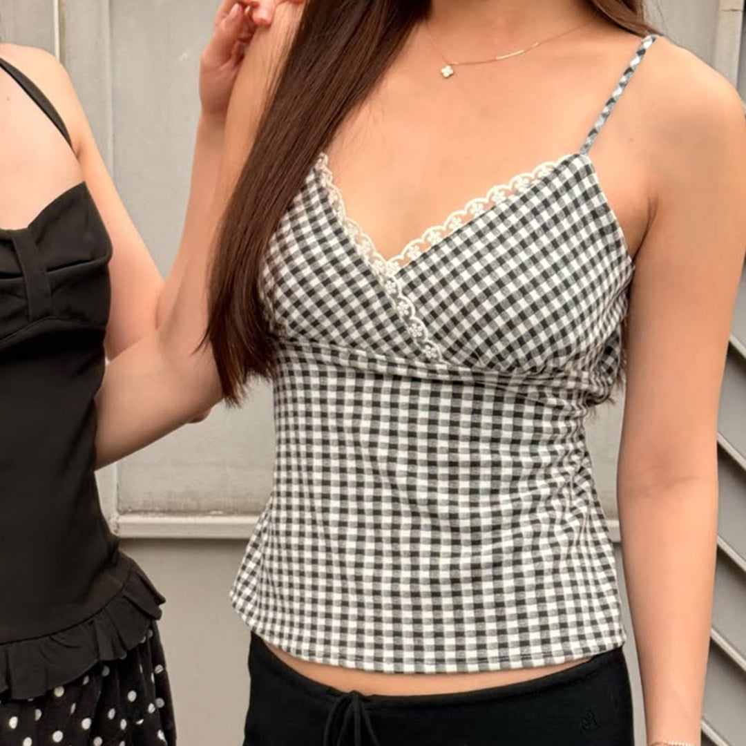 Damen V-Ausschnitt Vichy-Trägertop mit Spitzendetails EB