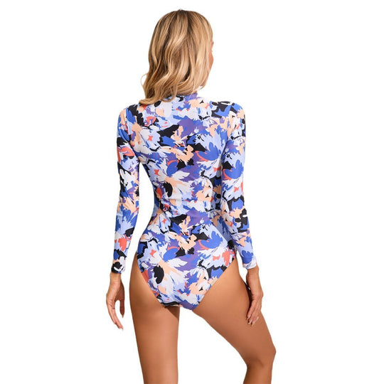 Damen Hochgeschlossener Einteiler Badeanzug mit zip und floralem Muster EB