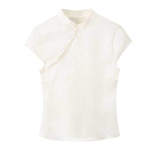 Damen elegantes Oberteil mit asymmetrischem Kragen und Knopfdetails EB