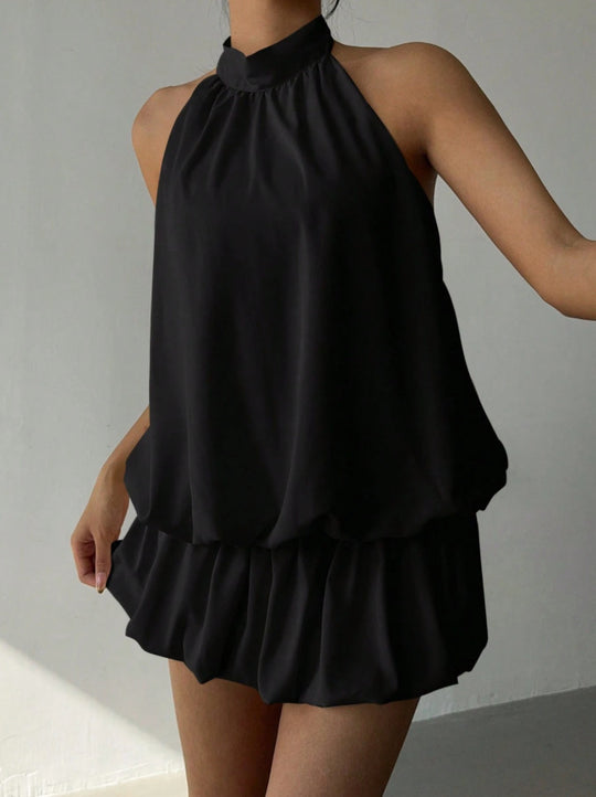 Damen sommerliches Minikleid mit haltem Kragen und asymmetrischem Design EB