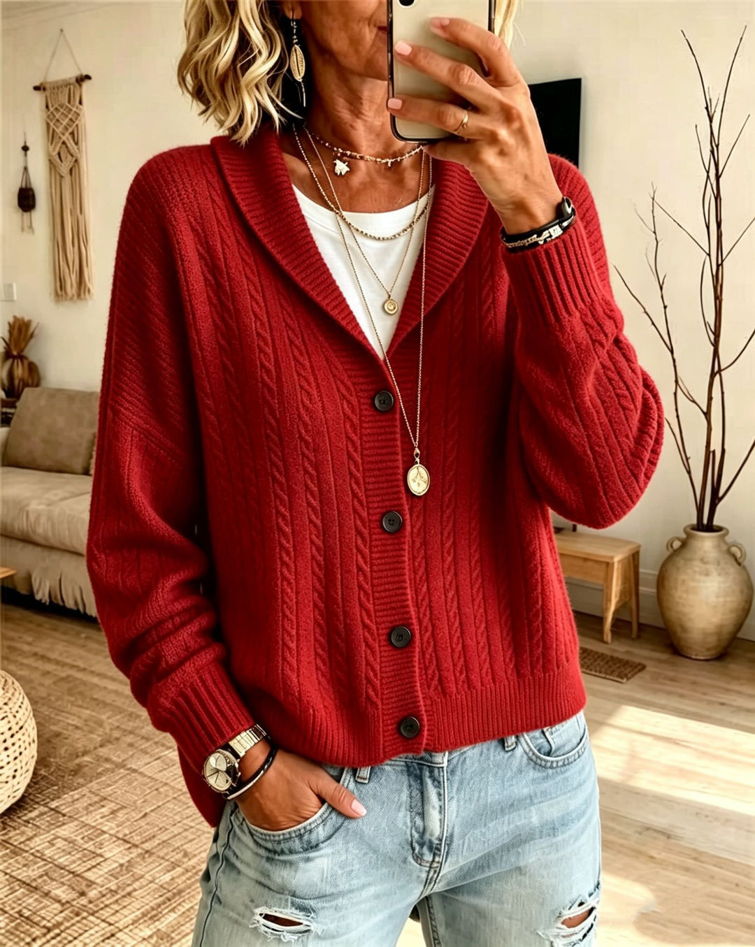 Damen Langer Schalkragen-Cardigan aus Zopfmuster mit gerippten Bündchen EB