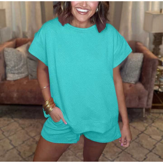 Damen gemütliches Freizeit-Set mit strukturiertem Oberteil und Shorts EB