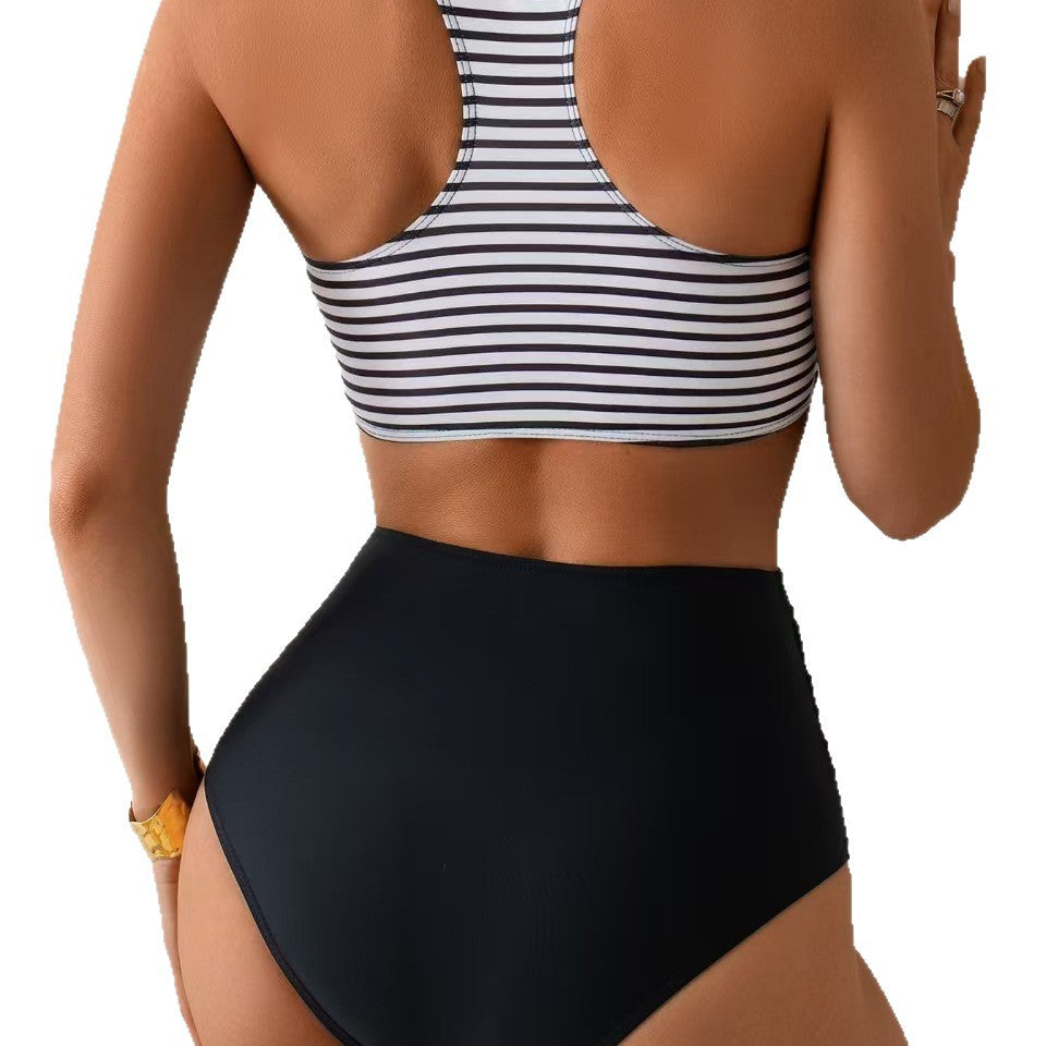 Damen Hochtailliertes Bikini-Set mit gestreiftem Oberteil EB