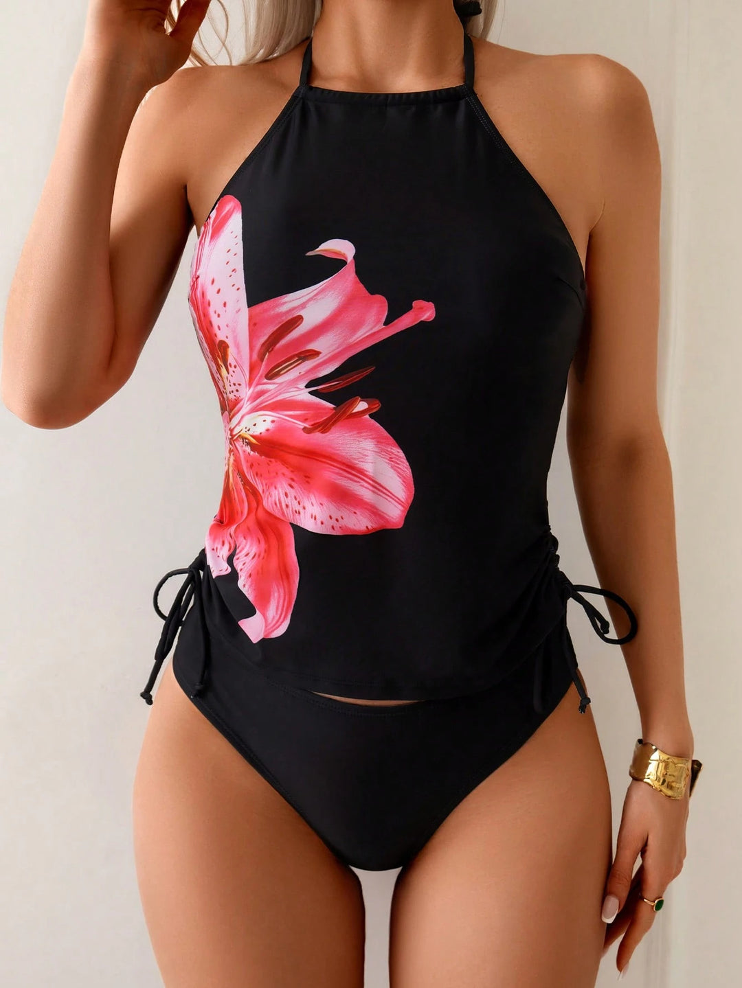 Damen Tankini-Set mit verspieltem floralen Muster und seitlichen Bindebändern EB