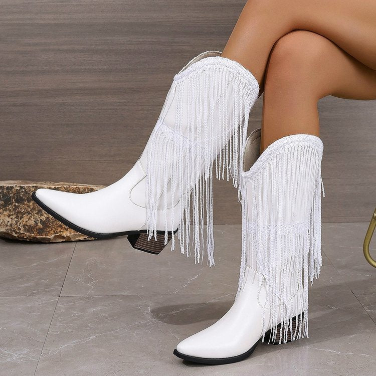 Damen kniehohe Fransen-Cowboystiefel mit feiner Perlenfransen-Verzierung und geformtem Blockabsatz EB