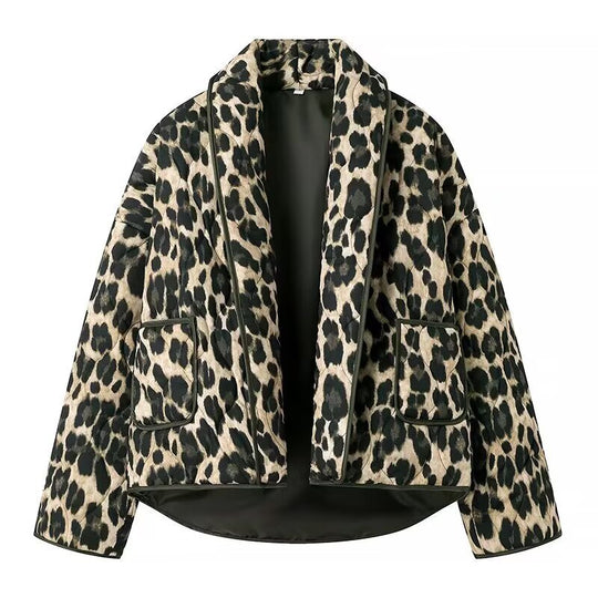 Damen lässige Leopardenmuster Jacke mit praktischem Schnitt und großen Taschen EB
