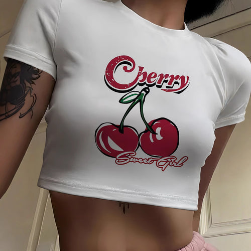 Damen Crop-T-Shirt mit fröhlichem Kirschmotiv EB