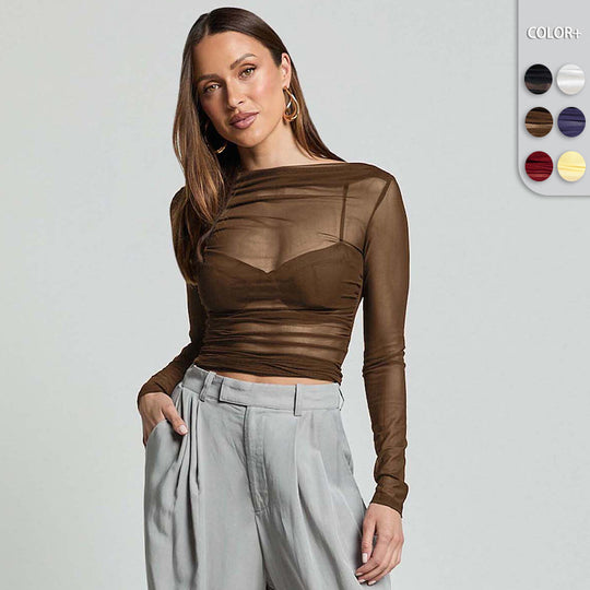 Damen Elegantes Langarmoberteil mit transparentem Mesh und Raffung EB