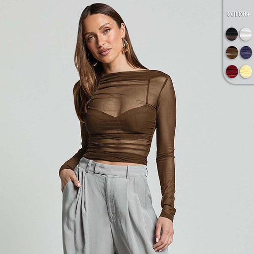 Damen Elegantes Langarmoberteil mit transparentem Mesh und Raffung EB