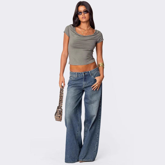 Damen Weit geschnittene Denim-Hose mit hohem Bund und modischen Details EB