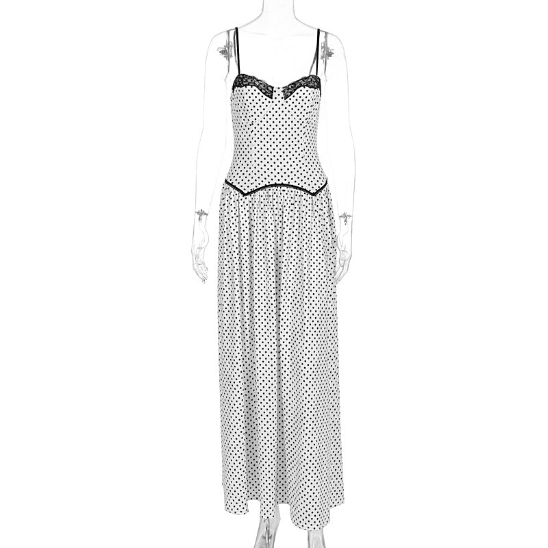 Damen Maxikleid mit gepunktetem Design und Spitzendetails EB