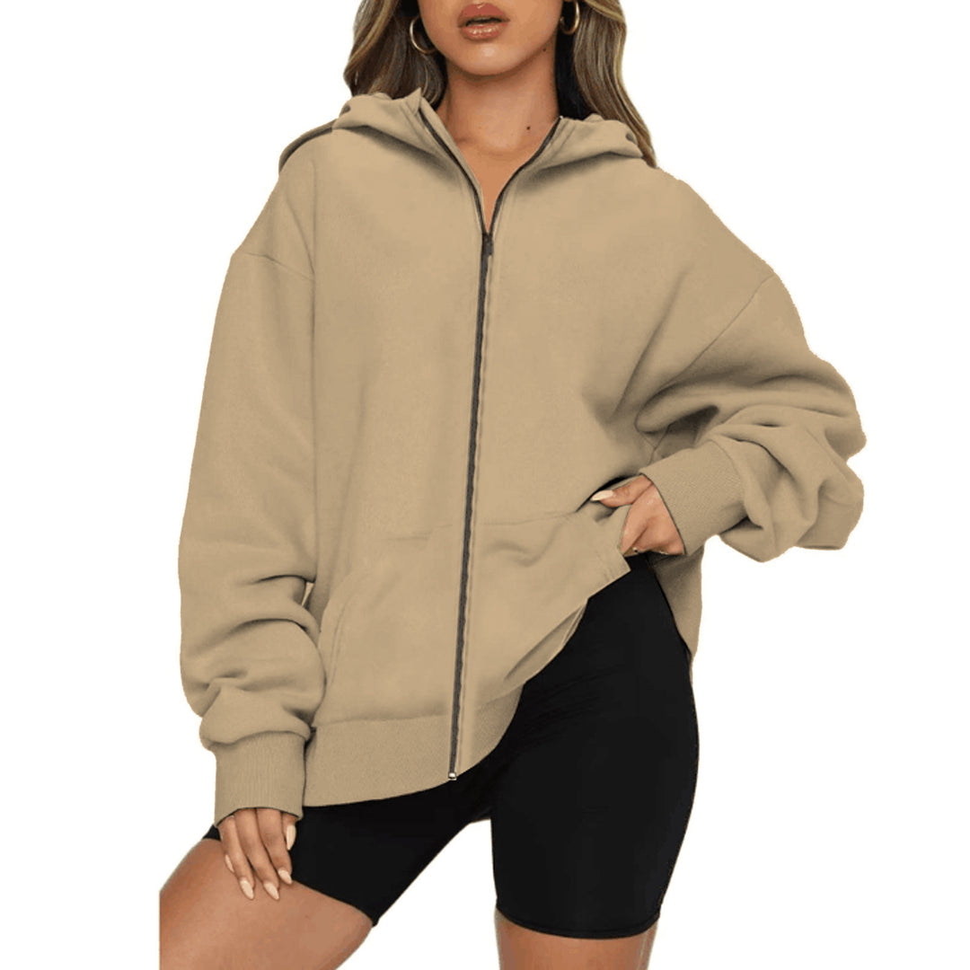 Damen nan leichte Zip-Kapuzenjacke im Relaxed-Fit mit Kängurutasche und gerippten Bündchen EB