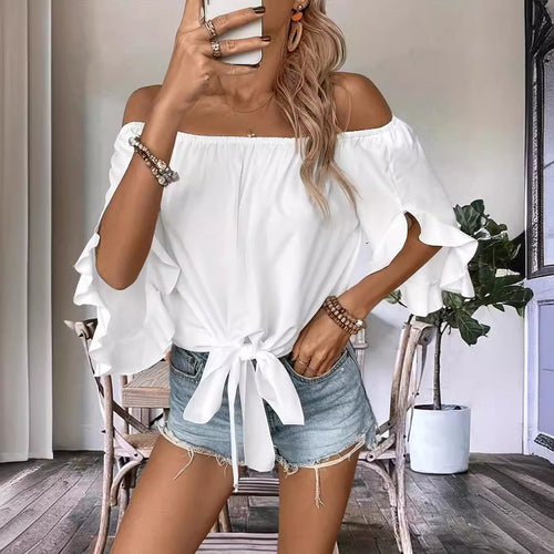 Damen Off-Shoulder-Bluse mit Rüschendetails und Taillenbindung EB