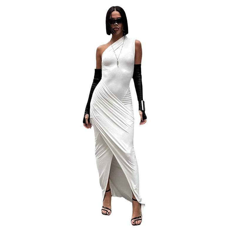 Damen elegantes Bodycon Abendkleid mit asymmetrischem Ausschnitt und Schlitz EB