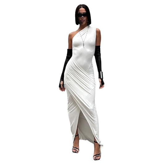 Damen elegantes Bodycon Abendkleid mit asymmetrischem Ausschnitt und Schlitz EB