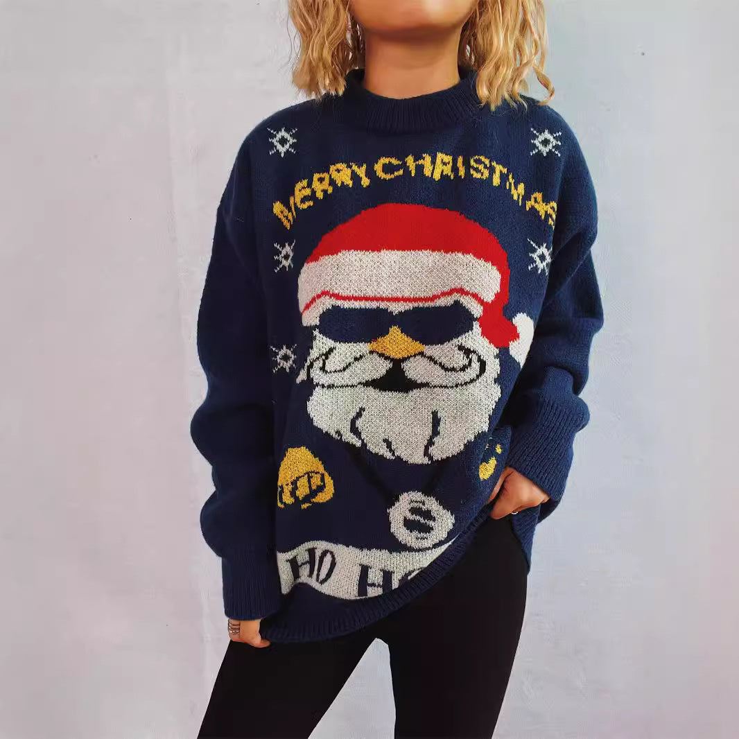 Damen weihnachtlicher Pullover mit festlichem Santa-Motiv und lockerer Passform EB