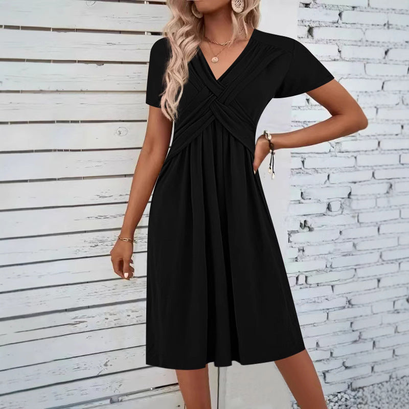Damen Wickelkleid mit eleganter Faltenstruktur und kurzen Ärmeln EB