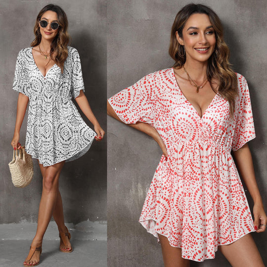 Damen luftiges Strandkleid mit V-Ausschnitt und weitem Schnitt EB